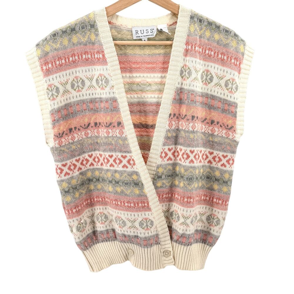 Vintage 80s RUSS Cream Pink Fair Isle Sweater Vest